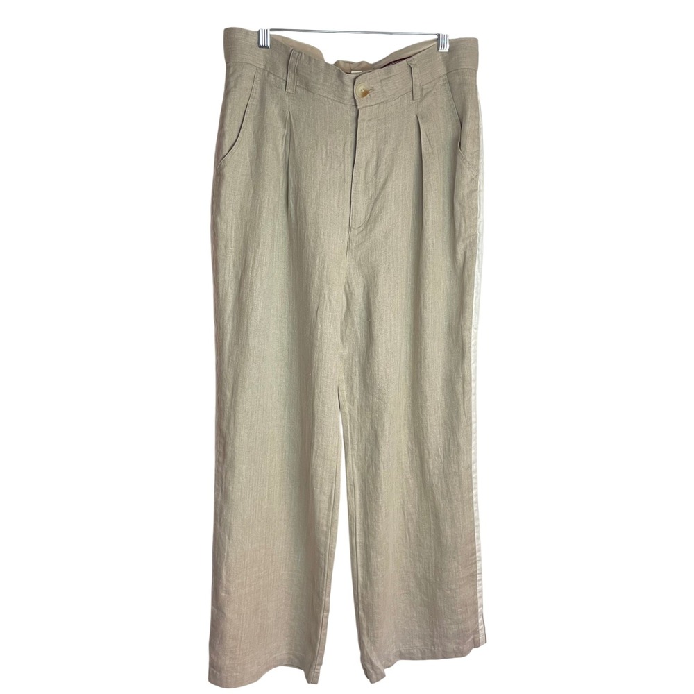 Sundance Womens 100% Linen Trousers Size 16 Tan Herringbone Straight Leg Casual